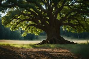 an old oak tree in the middle of a field. AI-Generated photo