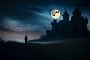 a castle in the night with a full moon. AI-Generated photo