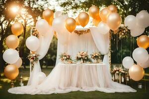 wedding decoration with gold balloons and white tulle. AI-Generated photo