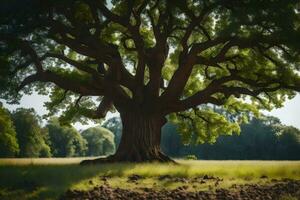 un antiguo roble árbol en un campo. generado por ai foto