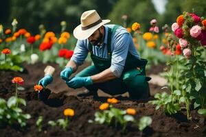 a man in a hat and overalls is kneeling in the dirt with a rake. AI-Generated photo
