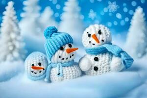 three snowmen in blue and white knitted hats. AI-Generated photo