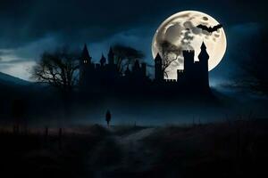 un castillo en el oscuro con un lleno Luna. generado por ai foto