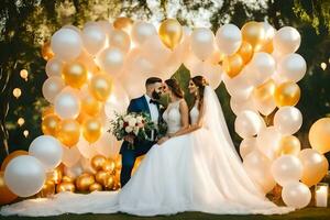 Boda Pareja en frente de un oro y blanco globo arco. generado por ai foto