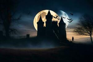 halloween castle with bats flying over it at night. AI-Generated photo