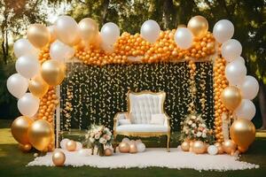 a wedding ceremony with gold balloons and white chairs. AI-Generated photo