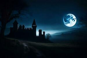 castillo en el oscuro, castillo, luna, noche, hd fondo de pantalla. generado por ai foto