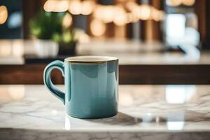 a blue coffee mug on a marble counter. AI-Generated photo