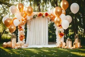 an outdoor wedding arch with white and gold balloons. AI-Generated photo