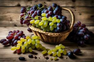 grapes in a basket on a wooden table. AI-Generated photo