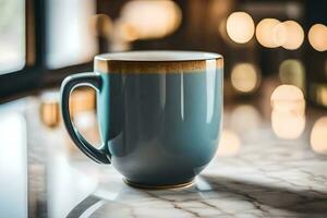 a blue coffee mug on a marble counter. AI-Generated photo