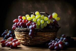 grapes in a basket on a wooden table. AI-Generated photo