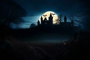 halloween castle in the dark with bats flying over it. AI-Generated photo