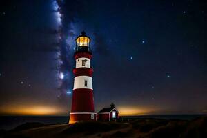 a lighthouse is lit up by the stars at night. AI-Generated photo