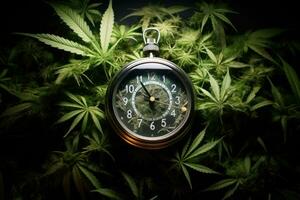 Marijuana Leaves with a clock. AI Generated photo