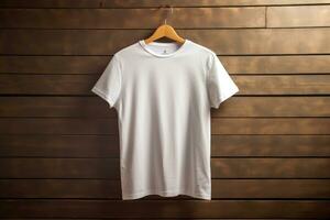 White T-shirt hanging on a hanger on a wooden background, real context. AI generated photo