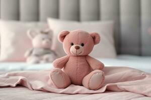 Teddy bear sitting on the bed. AI generated photo