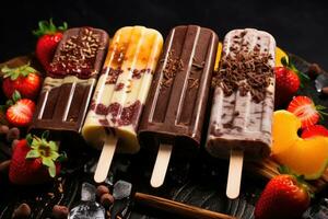 Chocolate and vanilla ice cream on a stick with berries and fruits with chocolate chips. AI generated photo
