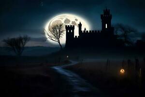 a castle in the dark with a full moon. AI-Generated photo