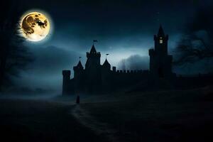 a castle in the dark with a full moon. AI-Generated photo