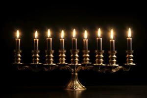 Burning candles in a golden candelabra on a black background. AI-Generated photo