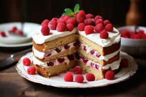 Multi-layered sponge cake with raspberries and buttercream. AI-Generated photo