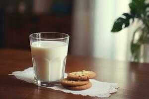 A glass of milk , cookies on a plate. AI generated photo