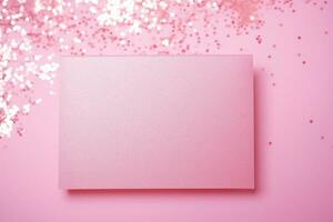 A mock-up of a pink postcard stands on a pink table with sequins and rhinestones. AI Generated photo