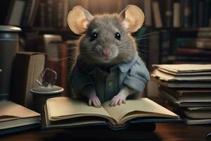 The gray mouse is sitting with books. AI generated photo