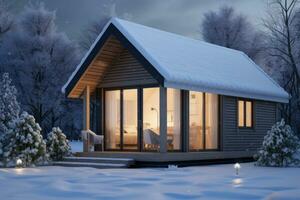 un pequeño acogedor casa en invierno en el nieve. generado por ai foto