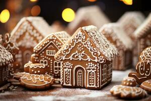 pan de jengibre Navidad pasteles en el formar de casas ai generado foto