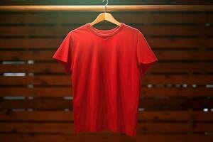 A red T-shirt is hanging on a hanger. AI generated photo