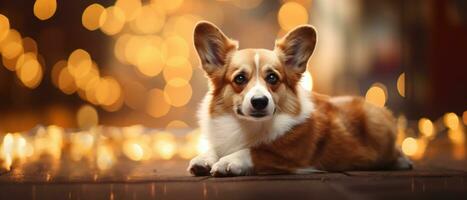 A banner with a corgi dog on the background of Christmas lights bokeh. AI-Generated photo