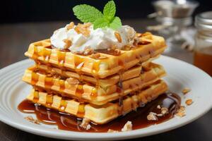 Viennese waffles with cottage cheese cream and honey. AI-Generated photo