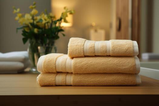 A set of folded beige towels in the hotel. AI-Generated photo