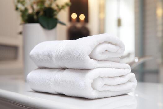 A set of white towers of towels for shower. AI-Generated photo