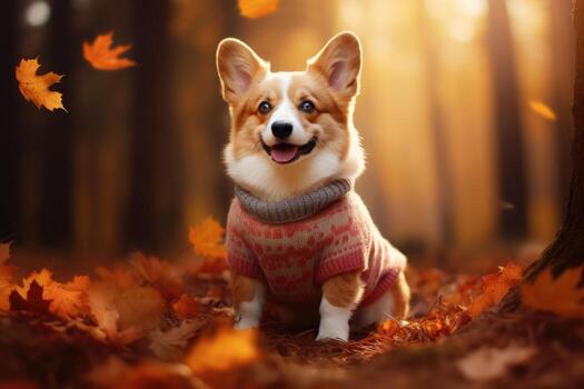 A corgi dog in an autumn forest in a sweater. AI Generated