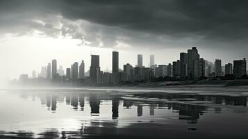 Landscape of a modern city with high-rise buildings along the coast, black and white photo. AI-Generated photo