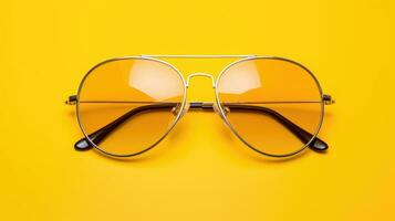 en forma de gota Gafas de sol en un amarillo antecedentes. ai generado foto