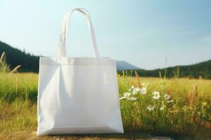 A white fabric picnic bag stands in a field in the grass with flowers. AI Generated photo