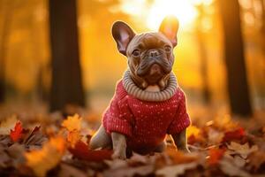 A French bulldog dog in a sweater sits in an autumn forest. AI-Generated photo