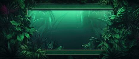 Frame with green neon lighting and indoor plants. AI-Generated photo