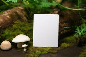 A white card, a postcard stands in the forest with mushrooms. AI generated photo