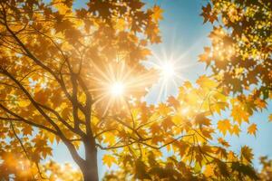 otoño hojas en un árbol con el Dom brillante a través de. generado por ai foto