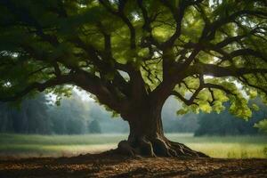 un grande árbol con raíces en el suciedad. generado por ai foto