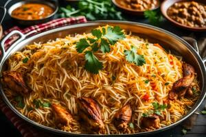 indian biryani with chicken and vegetables. AI-Generated photo