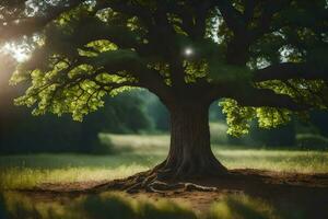 a large tree in the middle of a field. AI-Generated photo