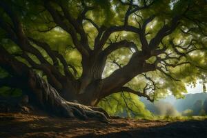 un grande árbol en el medio de un campo. generado por ai foto