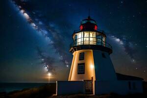a lighthouse with stars in the sky and a light shining. AI-Generated photo