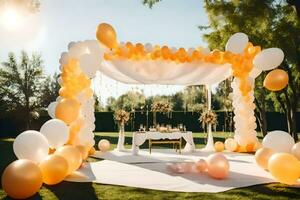 an outdoor wedding ceremony with balloons and white and gold decorations. AI-Generated photo